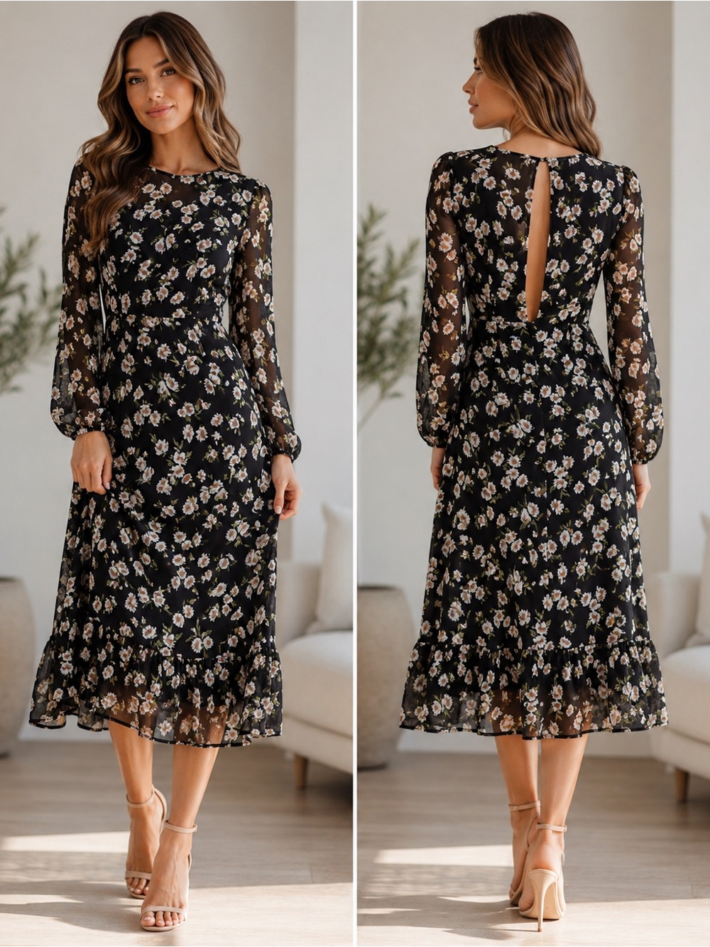 Women's Black Floral Midi Dress with Sheer Long Sleeves